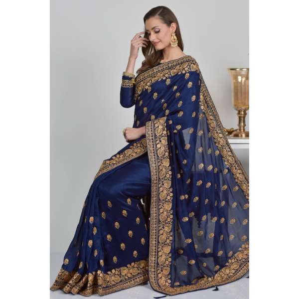 Navy Blue Embroidered Wedding Saree