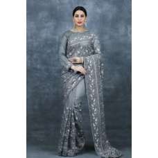 Dark Grey Heavy Embroidered Bridal Saree