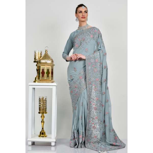Bluish Grey Embroidered Indian Saree