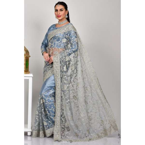 Bluish Grey Stylish Designer Saree