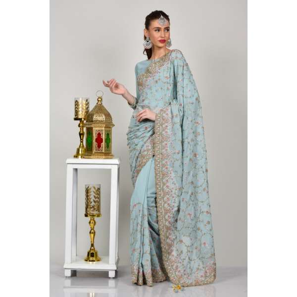 Sky Blue Embellished Wedding Saree