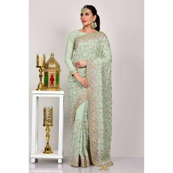 Pista Embroidered Pakistani Wedding Saree