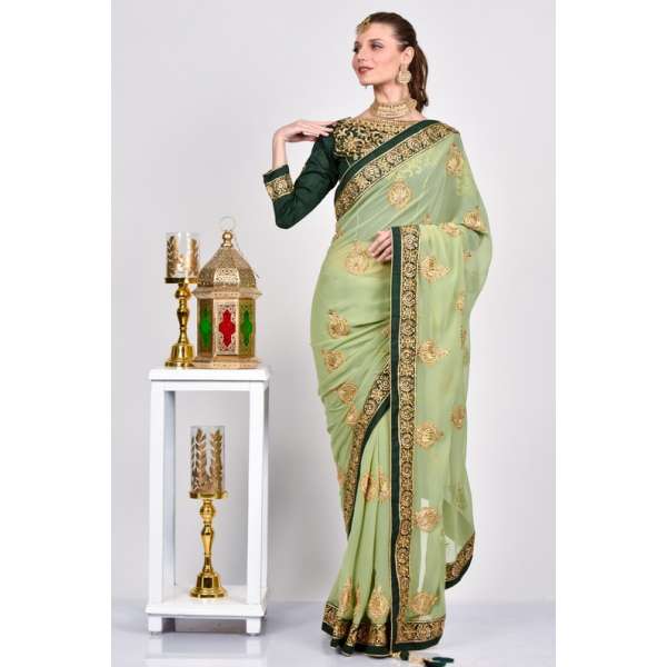 Pista Dark Green Embroidered Wedding Wear Saree