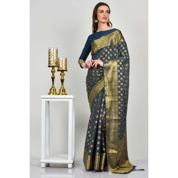 Dark Grey Brocade Georgette Casual Saree