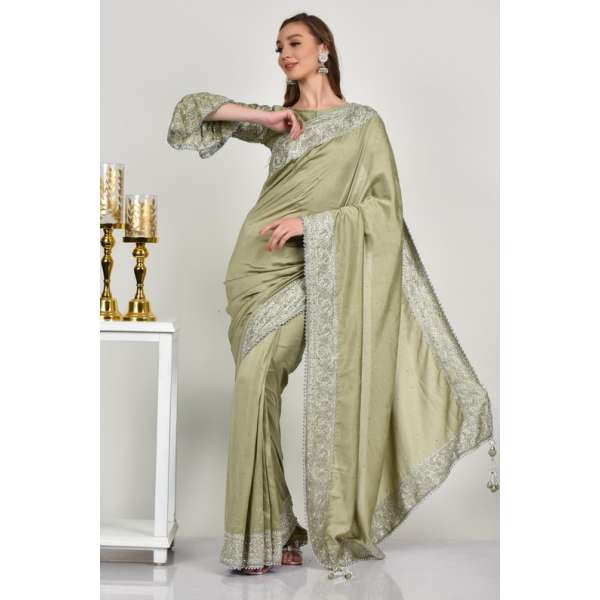 Pista Green Sequin Embellished Saree