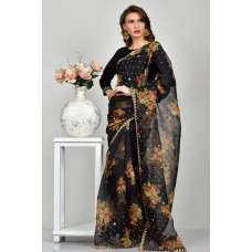 Black Floral Printed Stitched Saree