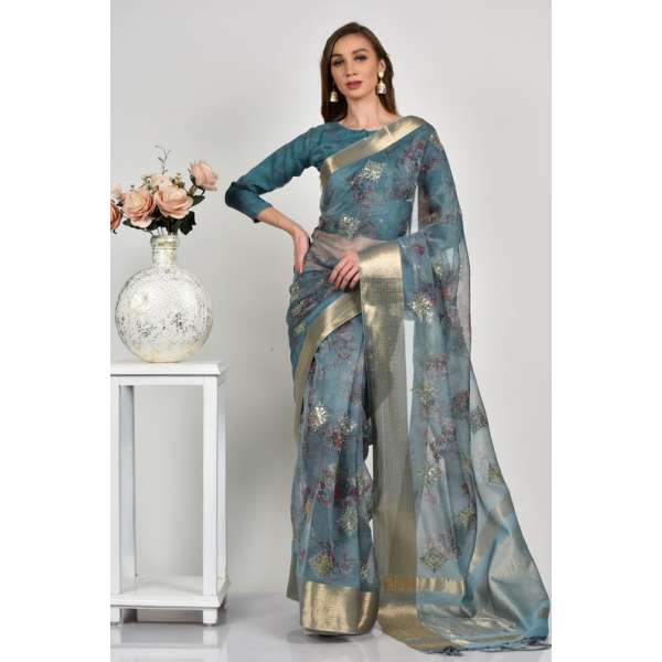Bluish Grey South Indian Style Saree
