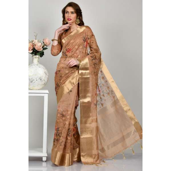 Brown Organza Printed Saree