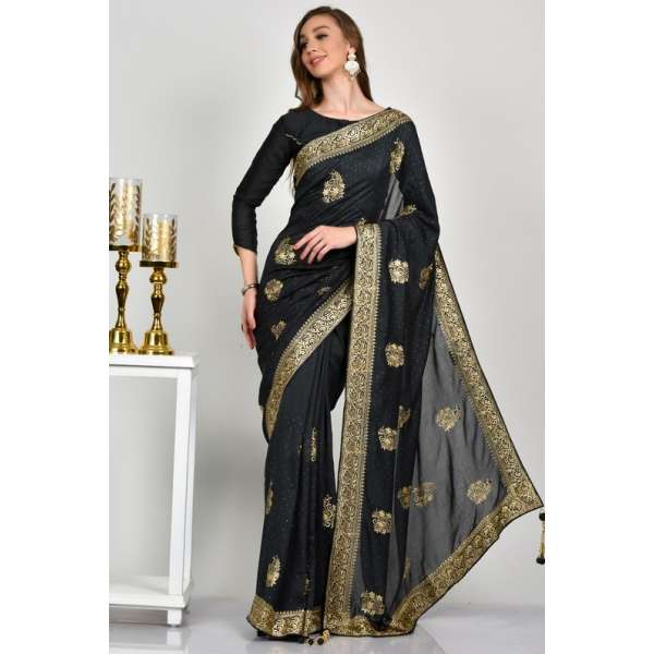 Dark Grey Indian Ethnic Evening Wear Saree