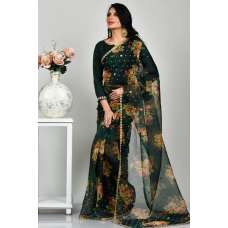 Dark Green Pakistani Designer Floral Printed Saree