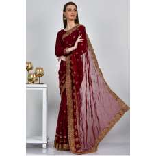 Dark Maroon Embroidered Pakistani Saree