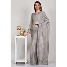 Grey Bengali Crepe Ready Made Saree