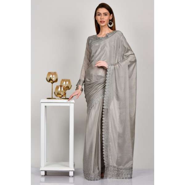 Grey Bengali Crepe Ready Made Saree