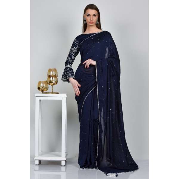 Navy Blue Embroidered Pakistani Designer Saree