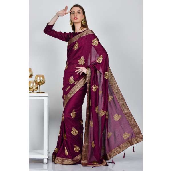 Plum Embroidered Ethnic Saree