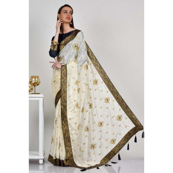 Cream Navy Printed Indian Ethnic Saree