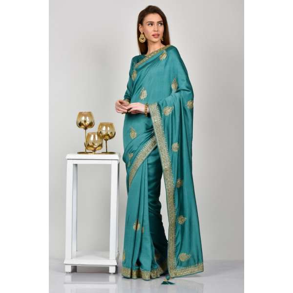 Dark Aqua Embroidered Pakistani Saree