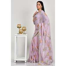 Lavender Floral Printed Pakistani Designer Saree