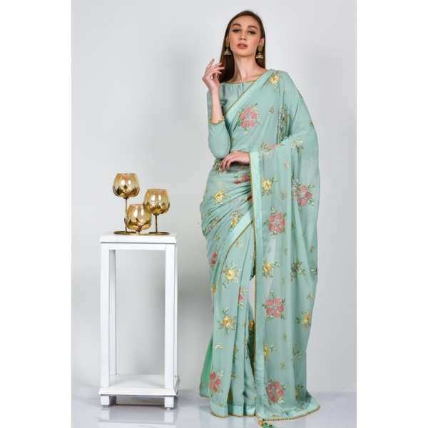 Mint Green Floral Printed Summer Saree