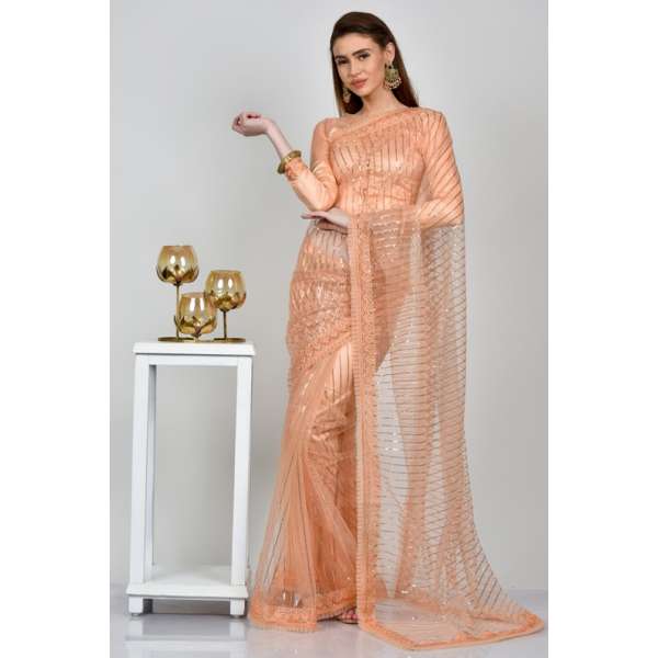 Peach Net Indian Wedding Saree