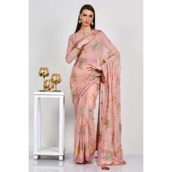 Rose Pink Printed Floral Pakistani Saree
