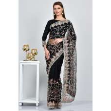 Black Floral Net Embroidered Evening Saree