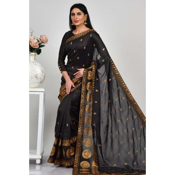 Black Gold Fancy Embroidered Indian Saree