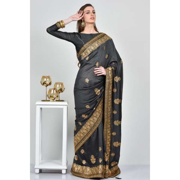 Dark Grey Luxury Embroidered Fancy Saree