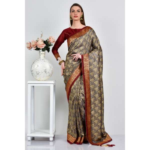 Grey Maroon Jacquard Banarasi Saree
