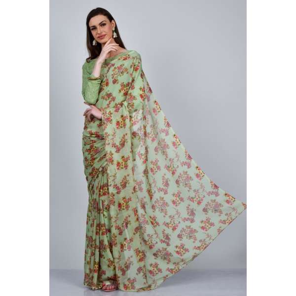Sea Green Pakistani Designer Printed Saree
