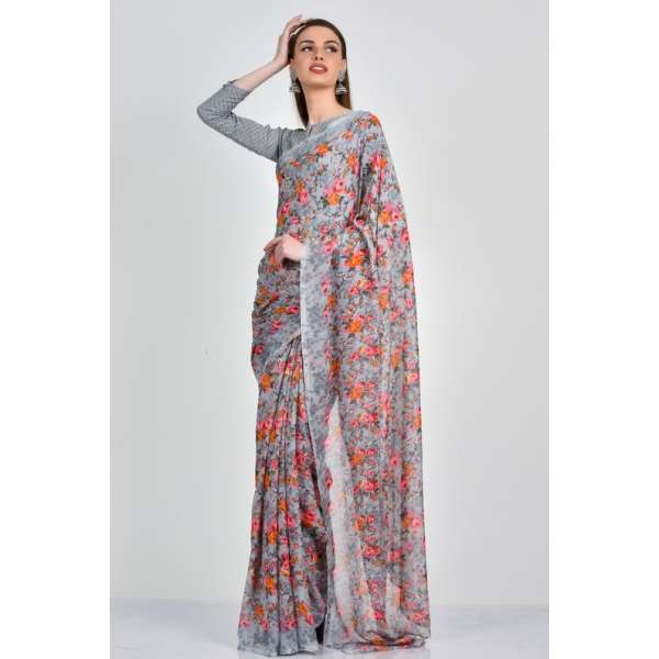 Grey Floral Printed Summer Saree