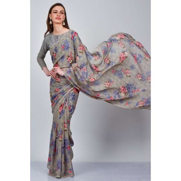 Grey Printed Casual Pakistani Saree