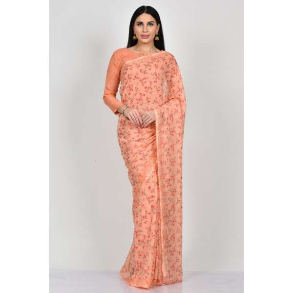 Orange Floral Printed Party Saree