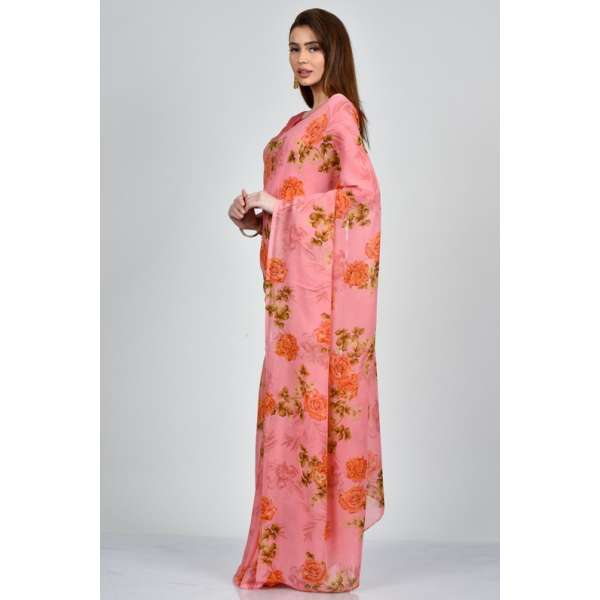 Peach Floral Printed Casual Summer Saree
