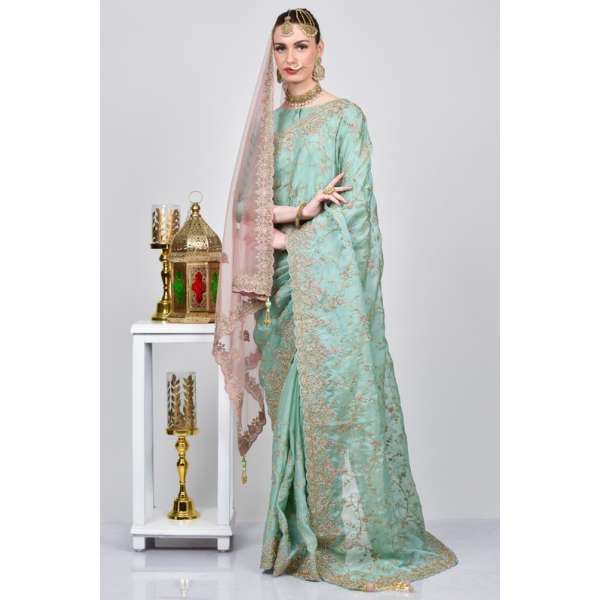 Mint Pink Heavy Embroidered Bridal Ethnic Saree