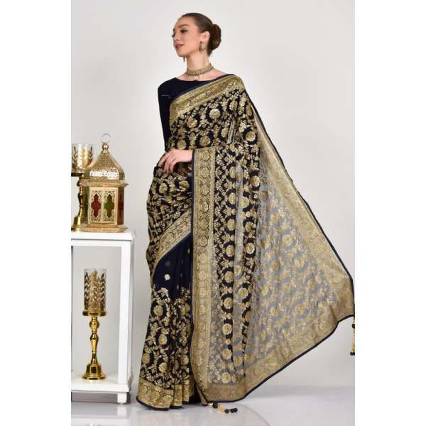Navy Blue Embroidered Wedding Saree