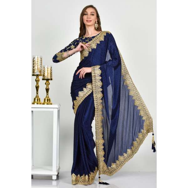 Navy Blue Embroidered Evening Saree