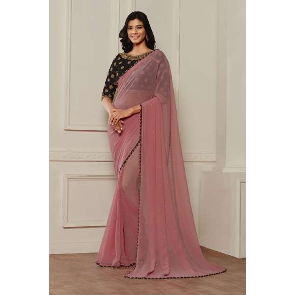 ZACS-610 PINK AND BLACK CONTRAST MATCHING BLOUSE READY MADE SAREE