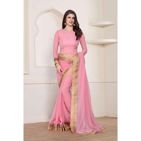 ZACS-617 STUNNING PINK GEORGETTE WITH AN AMAZING ZARI BORDER READY MADE SAREE