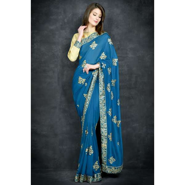 Mosaic Blue Traditional Embroidered Saree