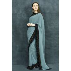 GREY & BLACK FRILLS STYLE READYMADE SARREE