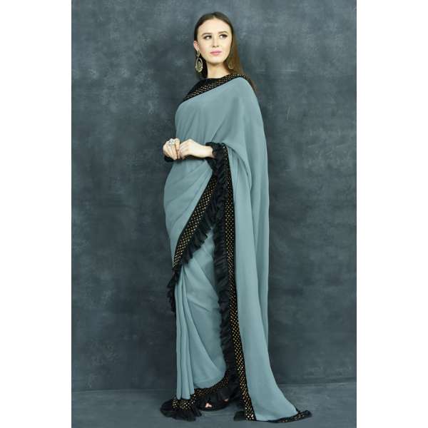 GREY & BLACK FRILLS STYLE READYMADE SARREE