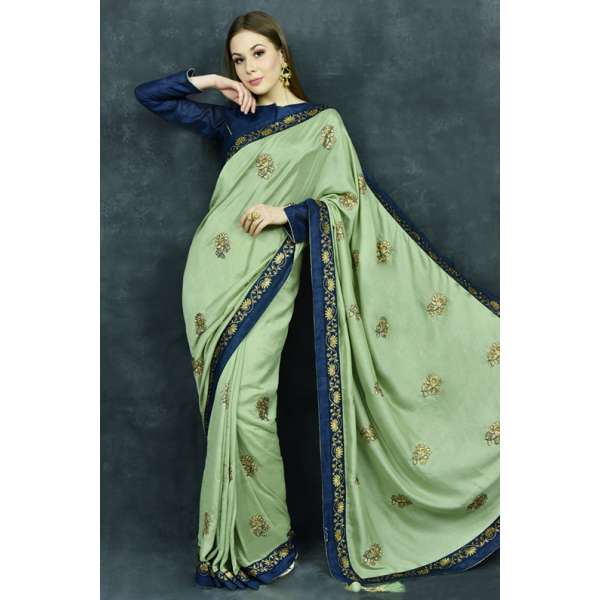 Pista Green & Navy Blue Designer Ethnic Saree