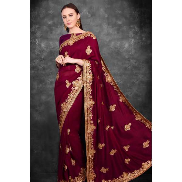 Fired Brick Maroon Party Wear Embroidered Saree