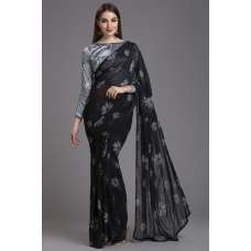ZACS-561 BLACK AND GREY INDIAN FLORAL PRINTED EVENING WEAR SAREE