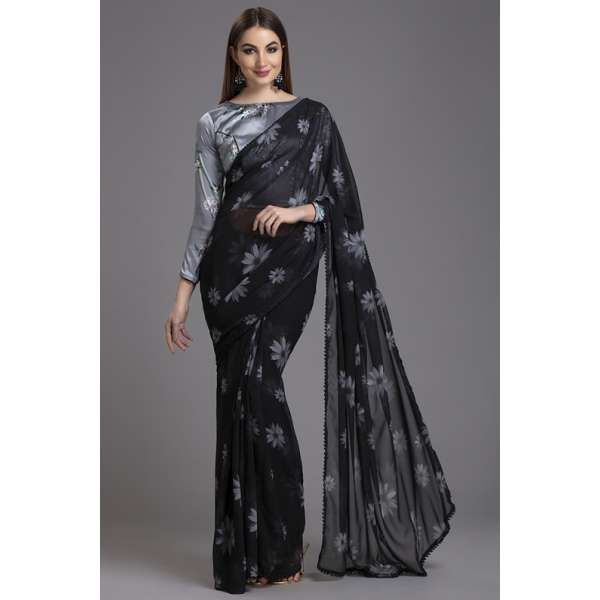 ZACS-561 BLACK AND GREY INDIAN FLORAL PRINTED EVENING WEAR SAREE