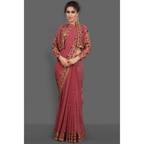 ROSE PINK JACKET STYLE DESIGNER WEDDING SAREE