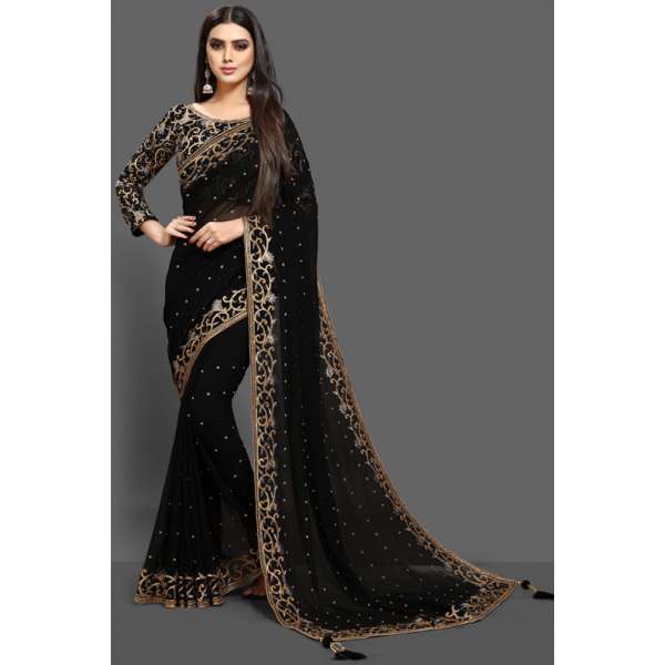 ZAC20-09 BLACK EVENING WEAR DRAPE EMBROIDERED BLOUSE SAREE