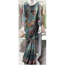 GREEN PAKISTANI DESIGNER FLORAL PRINTED SATIN SAREE