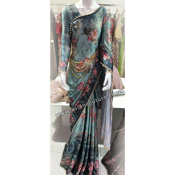 GREEN PAKISTANI DESIGNER FLORAL PRINTED SATIN SAREE